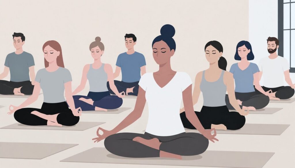 Illustration of a corporate group meditating together on yoga mats